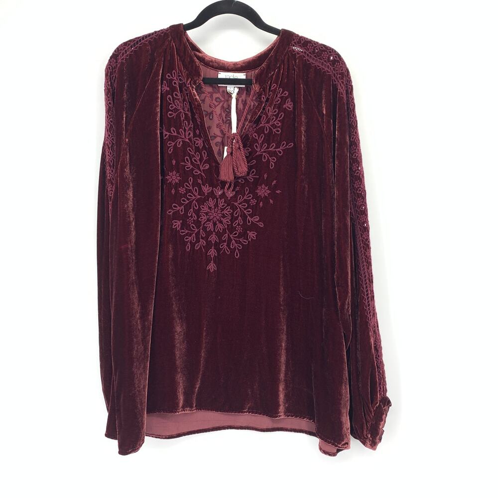 Jade By Johnny Was Dylan Eyelet Blouse Womens L Wine Red Long Sleeve Velvet NEW